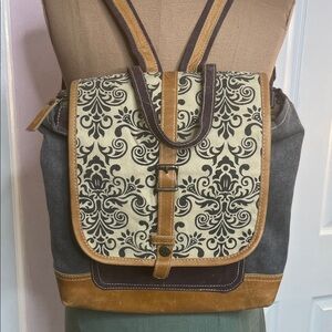 Tan Leather and Printed Canvas Backpack